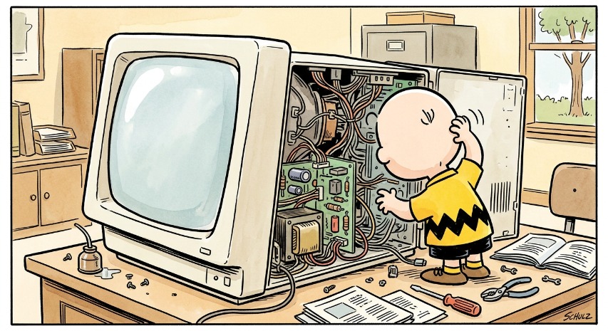 Charlie brown looking into the back of a large computer
