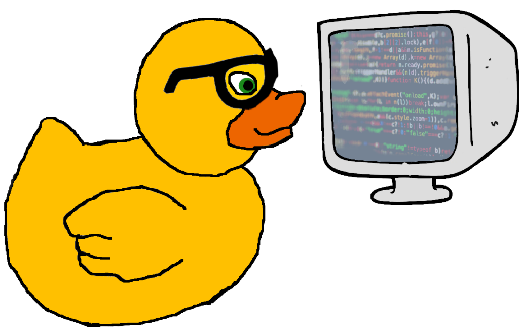 Yellow rubber duck in glasses looking at a computer screen full of computer code