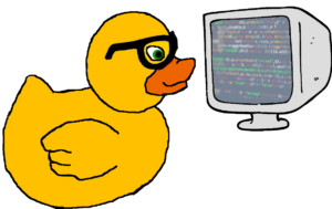 The Quality Duck- Yellow rubber duck looking at screen of code