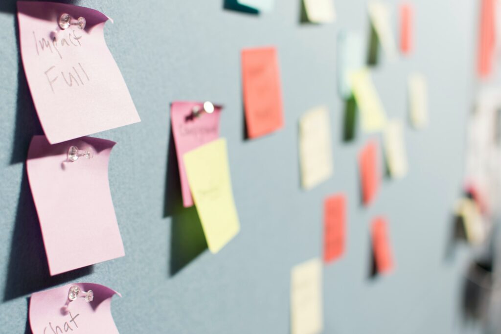 Post it notes on a board