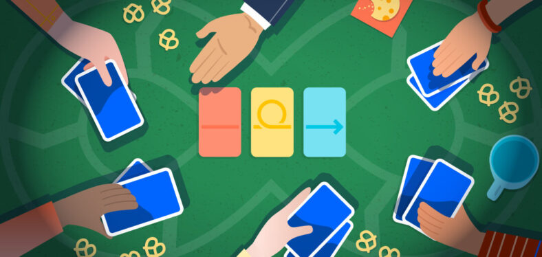 Graphic showing hands and playing cards at a poker table