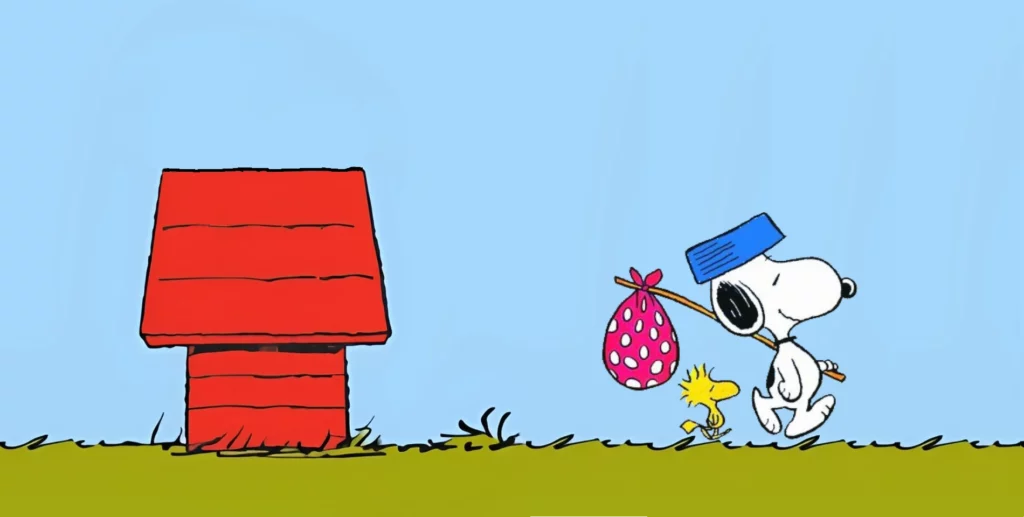 Snoopy and Woodstock walking away from Snoopy's kennel