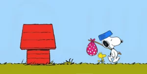 Snoopy and Woodstock walking away from Snoopy's kennel